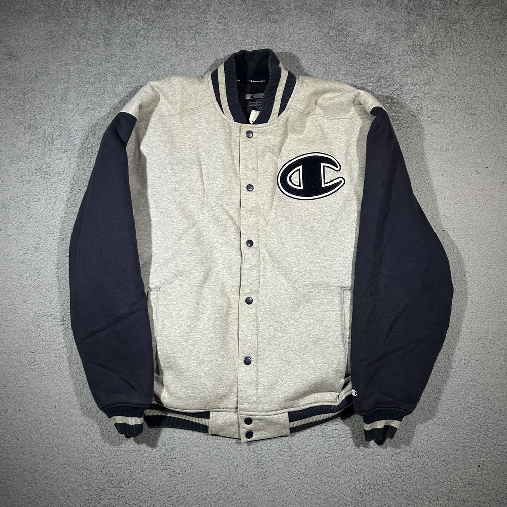 Vintage Champion Jacket Mens XL Gray Varsity Quilted Snap Front Letterman Logo